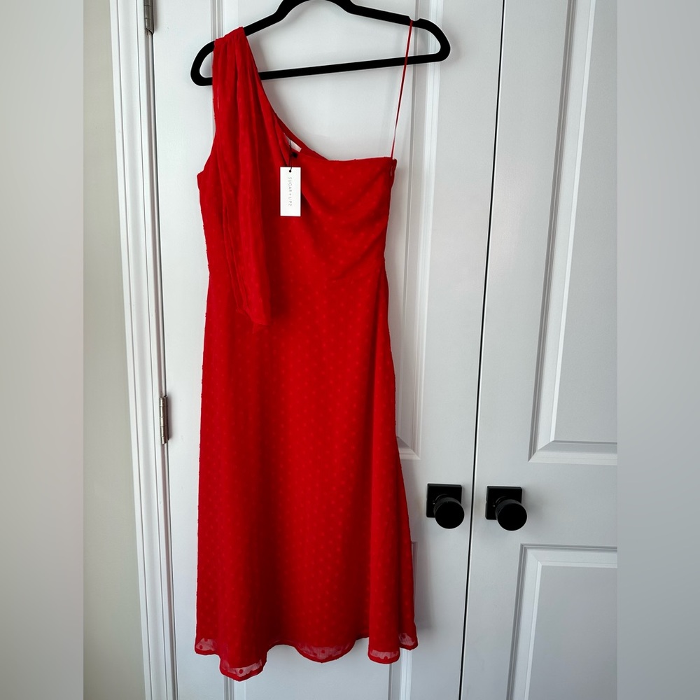 Sugarlips Kismet Chiffon Dot One Shoulder Midi Dress in Red NWT (Size S)